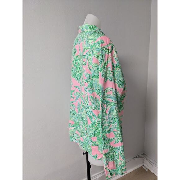 Lilly Pulitzer XL Button Up Pajama Top Green Pink Cotton Botanical Long Sleeves - Picture 9 of 13